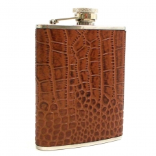 6 oz. Stainless Steel Flask in Brown "Croco" Leather.